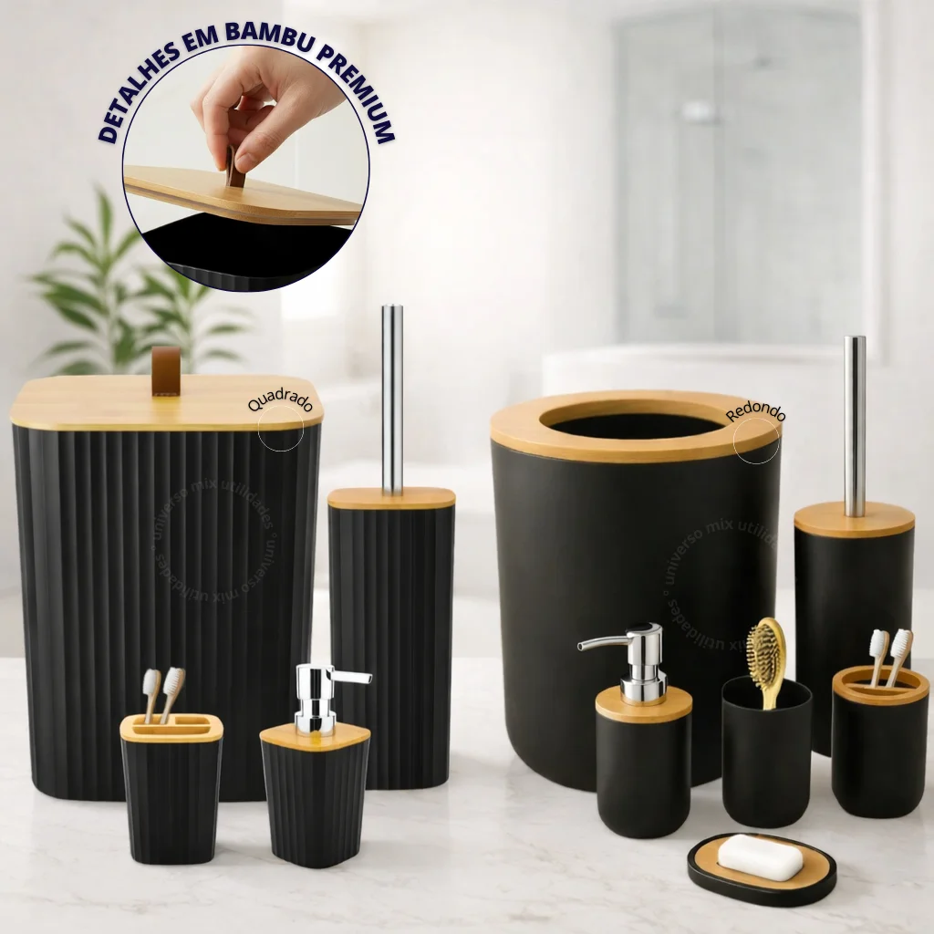 Kit Banheiro Completo Lixeira C/ Tampa Detalhes Em Bambu Luxo