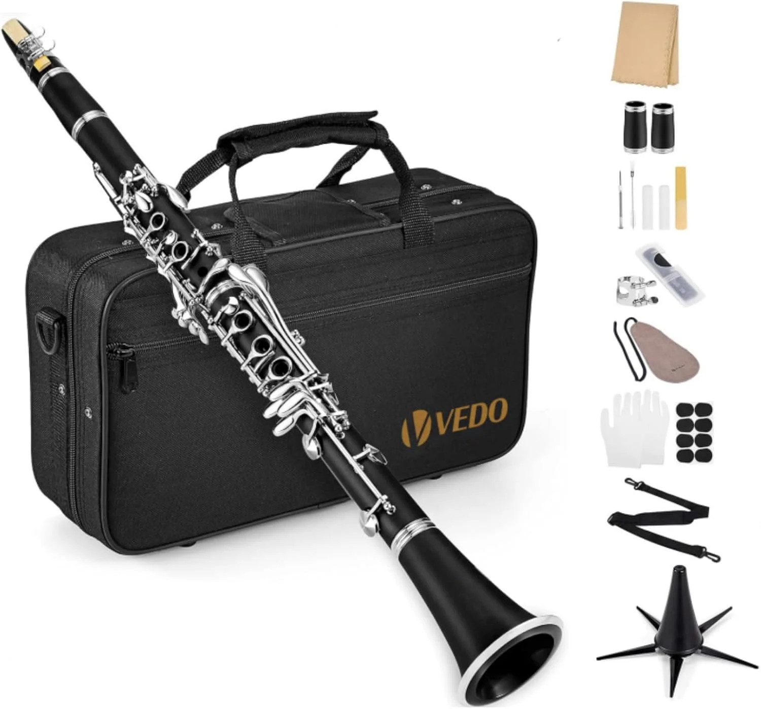 VEDO Clarinete Bb, Madeira de Grenadilla entonação estável, teclas banhadas a níquel duráveis, incluindo estojo elegante, barril, kit de limpeza completo de clarinete preto