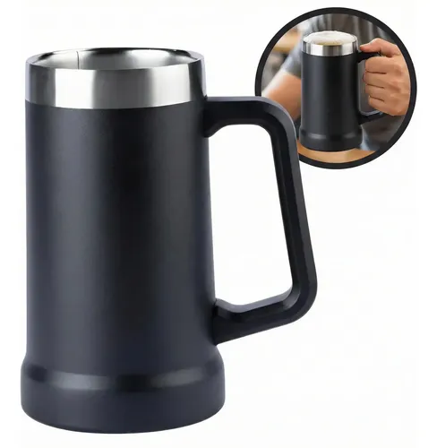 Caneca Térmica 720ml Em Aço Inoxidável Com Alça Parede Dupla Isolamento Térmico Resistente Para Quentes E Frias Para Chopp Cerveja Café Chá Refrigerante Uso Em Casa Churrasco Bar - Sayonara Preto Lisa