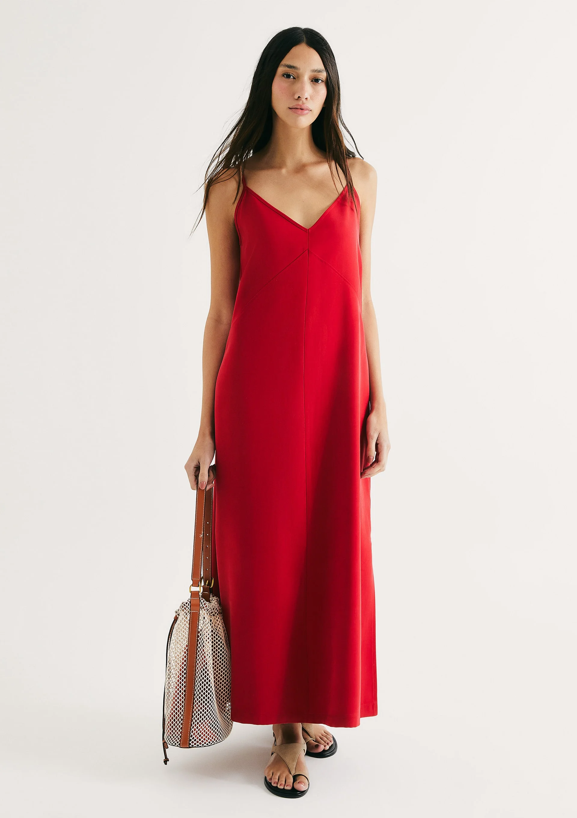 Vestido Midi Em Peach Touch Com Fenda - Vermelho