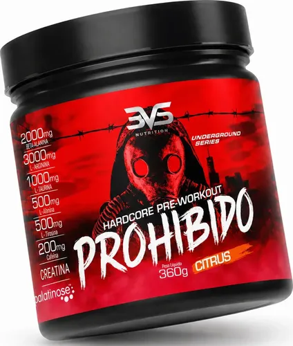 PRÉ TREINO PROHIBIDO 360g Sabor Citrus - Fórmula Exclusiva contendo Creatina, Beta Alanina, Taurina, L-tirosina, L-alanina, Cafeína, Arginina e Palatinose