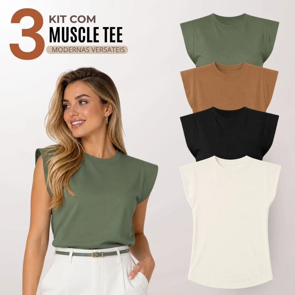 Kit 3 Blusas Feminina Muscle Tee Moderna Casual 100% Algodão - F00