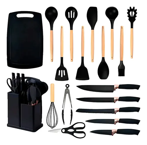 Conjunto 19 Peças Utensílios Cozinha Silicone Preto Helplo Preto