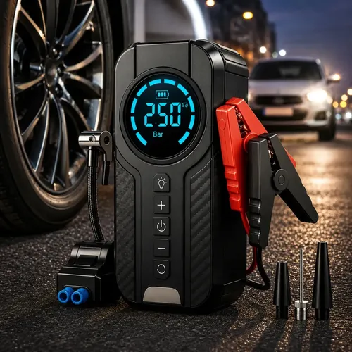 Auxiliar De Partida Compressor De Ar Portátil Para Carro 12V 4 funções em 1 Jump Starter Inflador Digital Power Bank Lanterna LED Bateria Emergência Moto SUV Caminhonete Pneu Bicicleta MidiaFone