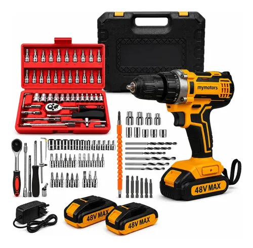 Parafusadeira Furadeira De Impacto 2 Baterias + Kit 46 Peças Amarelo 127/220v 50hz/60hz