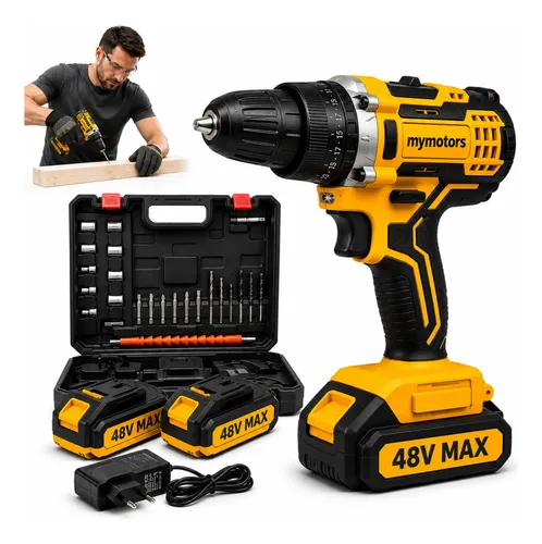 Parafusadeira Furadeira 48v Profissional 2 Baterias Sem Fio Amarelo 127/220v 60 Hz