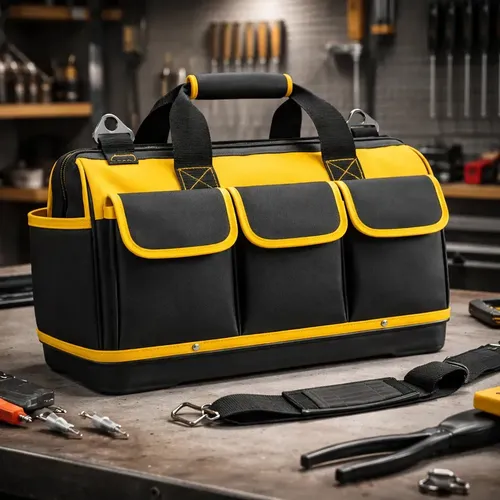 Bolsa Maleta De Ferramentas Grande Reforçada 16 Bolsos Para Eletricista E Profissionais - Fundo Firme Em Borracha - Preto E Amarelo Travunker