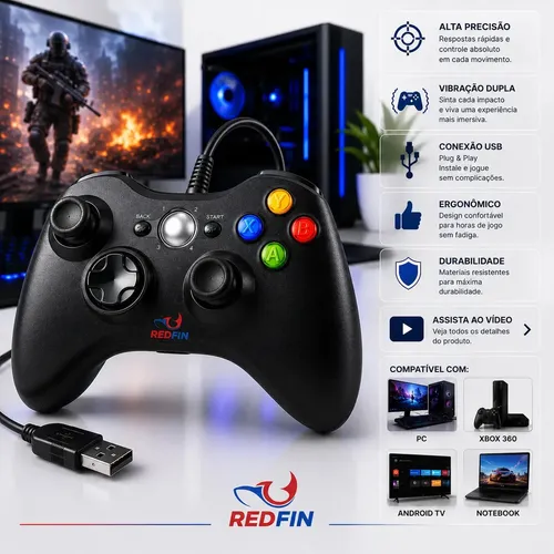 Controle Para Xbox 360 Com Fio USB e PC Preto Vibração Console Joystick Manete Gamer Gamepass Steam Windows Tv Pc Android Pc Controle Pc Gamer - Redfin
