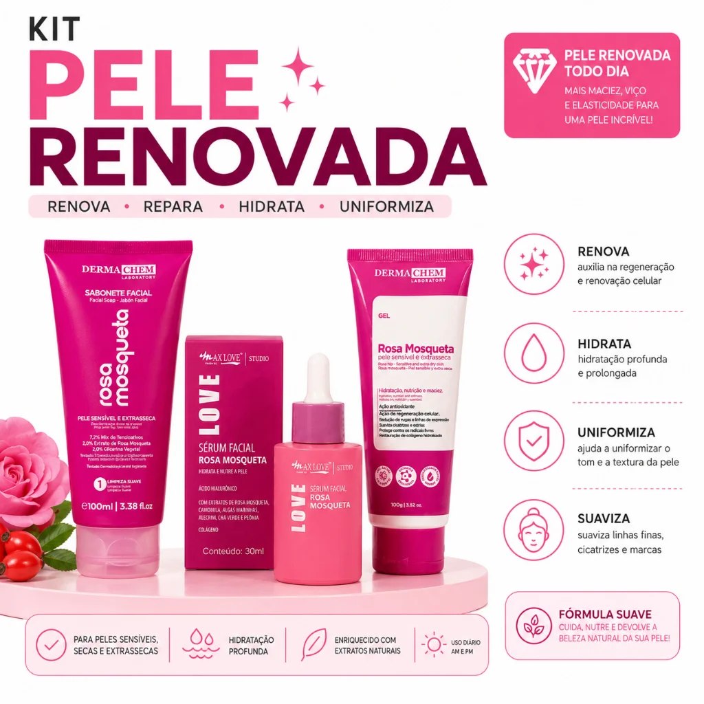 Kit rosa mosqueta skincare limpeza de pele cuidado facial sérum sabonete pele renovada