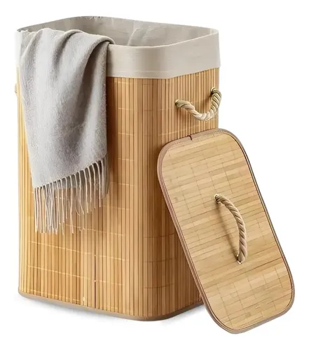 Eps-3903 Cesto Roupa Bambu Retangular Dobrável Com Tampa Alças 60l Bege