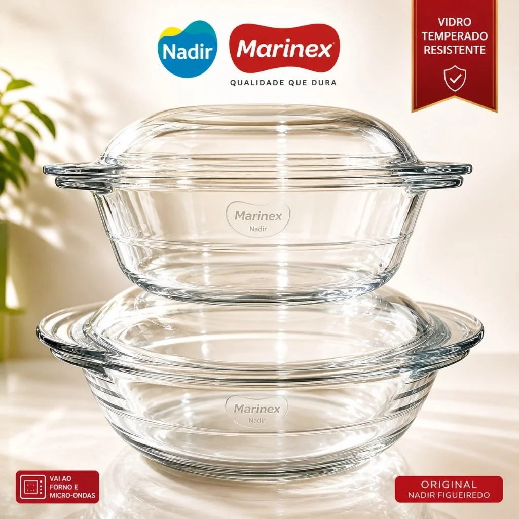 Kit 2 Travessas Marinex Vidro Temperado com Tampa Assadeira Refratário Redonda Forno 2,3L e 2,8L