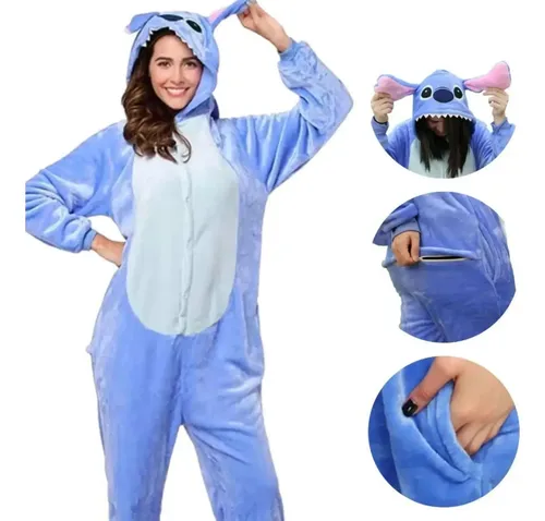Pijama Macacão Kigurumi Adulto Feminino Plush Peluciado Azul P