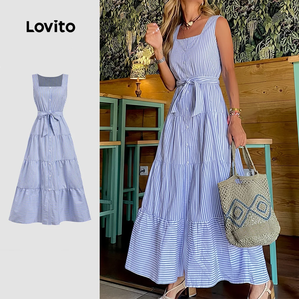 (Lovito x Ana) Vestido Casual Feminino com Cinto e Estampa para a Primavera e O verão LBL34016