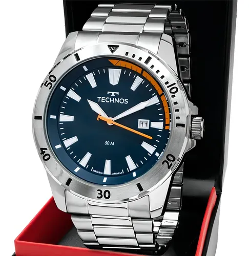 Relógio Technos Militar Masculino Aço Inox Prata Fundo Azul 50m Água