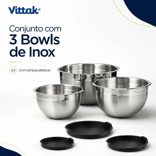 Vittak Conjunto 3 Bowls de Inox com Tampas Plásticas Utensílios de Cozinha Tamanhos Variados