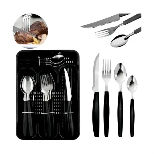 Kit Talheres 25 Pecas Porta Talher Luxo Premium Cor Preto Ke Home Colher De Sopa Garfo Faca E Colher De Sobremesa