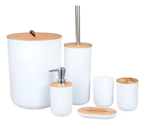 Kit Conjunto Banheiro 6 Peças Lixeira Com Tampa Bambu Plástico Organizador Decoração Lavabo Suporte Sabonete Liquido Escova de Dente Lixo Escova de Vaso Sanitario Shokki Cor Branco