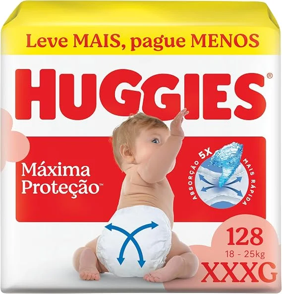 Fralda Descartável Huggies Máxima Proteção Tamanho XXXL 128 unidades – Fralda aberta com tecnologia Xtra-Flex, canais em X que se adaptam aos movimentos e máxima proteção sem fralda caída