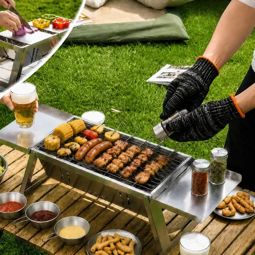 Churrasqueira Portátil Inox Carvão Dobrável 30 Espetos Leve Ideal Para Camping Festa Varanda Churrasco Família Pescaria Lazer Fácil de Transportar Resistente Compacta Bandeja Lateral Montagem Simples