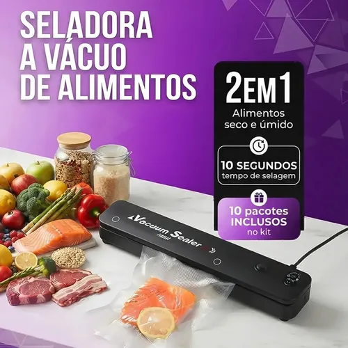 Seladora a Vácuo Para Alimentos Automática Máquina Embaladora Portátil Profissional Doméstica Elétrica Selar Embalar Conservar Alimentos Frescos 110v 220v Seladora à Vácuo Com 10 Saquinhos