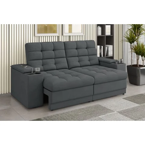 Sofá Confort Premium 2,05m Assento Retrátil/reclinável Porta Copos e Usb Suede Cinza - Xflex