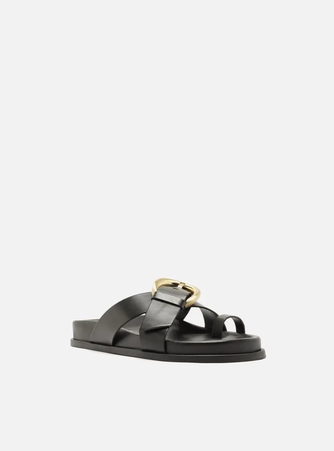 Sandália Papete Preta Couro Flatform Fivela Dourada