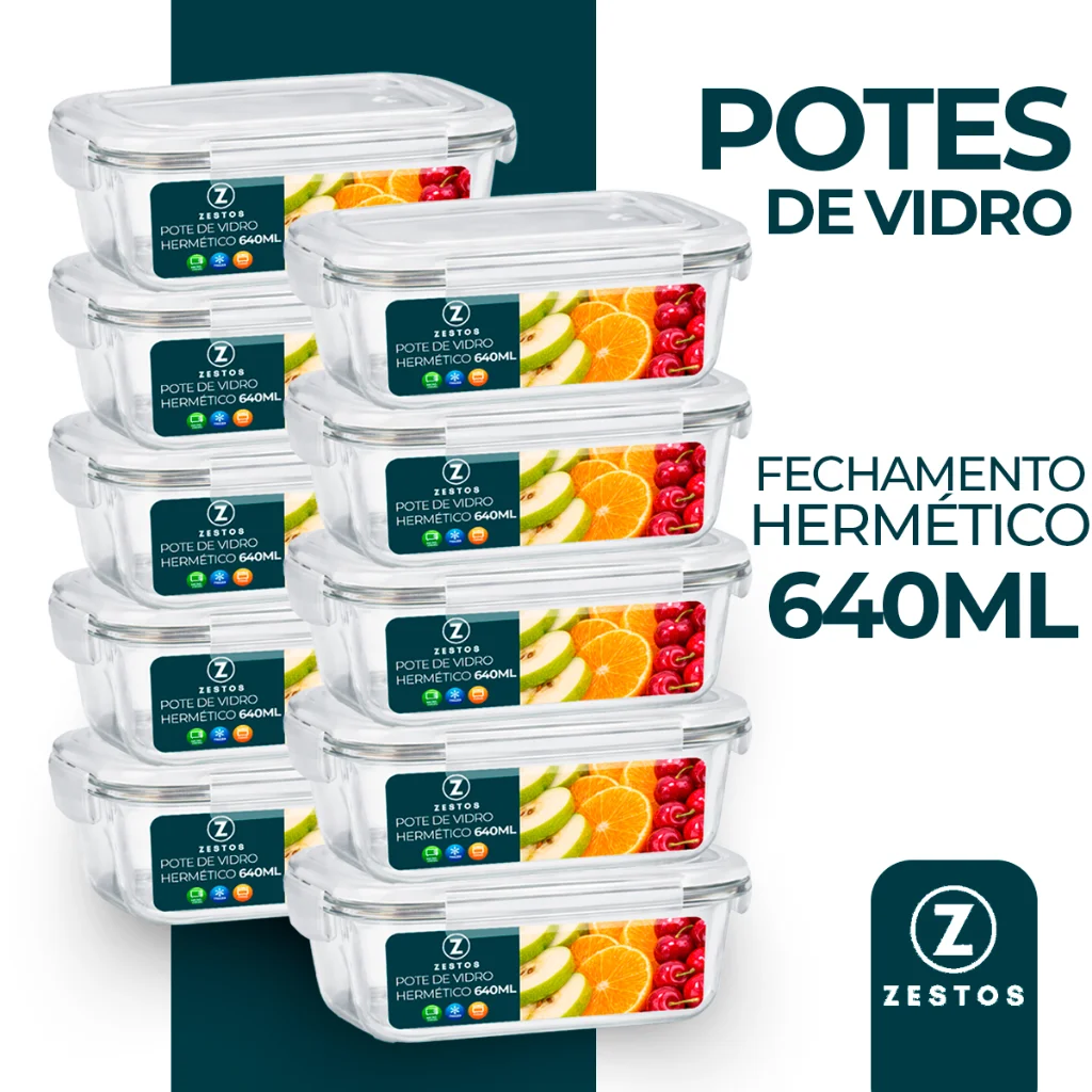 Conjunto Potes 640ml Vidro Hermético 4 Travas Fitness Alta Vedação Marmita