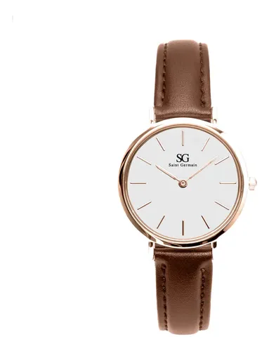 Relógio Feminino De Couro Marrom Saint Germain Bronx Rose Gold 32mm Cor Do Fundo Branco