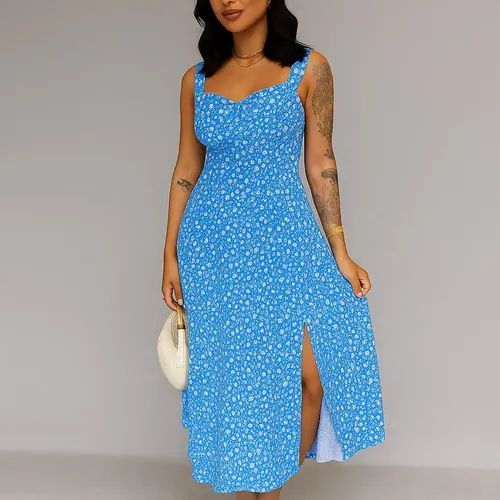Vestido Midi Estampado Floral Com Fenda Lateral E Bojo