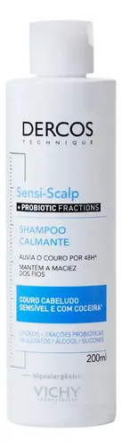 Shampoo de Limpeza Calmante para Couro Cabeludo Sensível, Alívio Instantâneo 48h, Nutrição e Brilho, Livre de Sulfatos, Parabenos e Corantes, Dercos SensiScalp Probiotic, Vichy 200ml