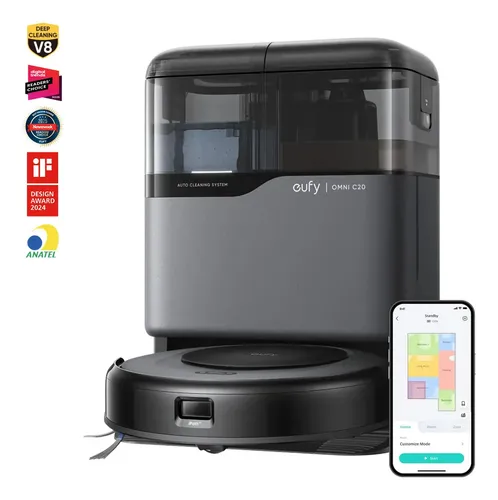 Robô Aspirador eufy Omni C20 3 em 1 Estação Tudo em Um Sucção 7000Pa Corpo Ultrafino 8,5cm Esvaziamento Limpeza e Secagem Automática Mapeamento Laser Multinível Escova Antiembaraço WiFi App Voz 220V