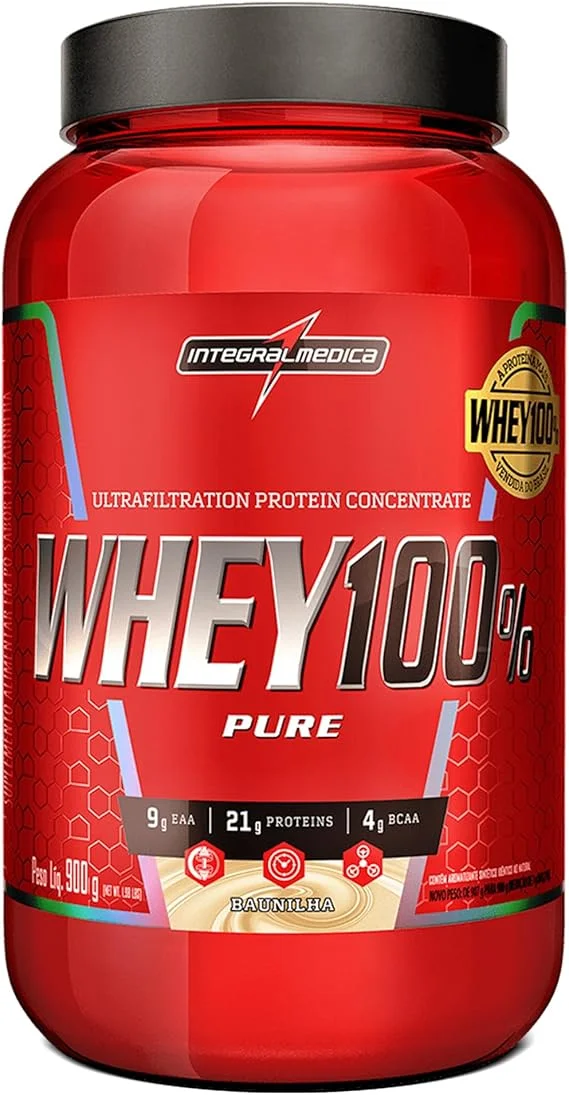 Integralmedica Whey 100% Pure Baunilha Concentrado Pote 900g | Suplementação Alimentar Pós-Treino, Fórmula Enriquecida com BCAAs