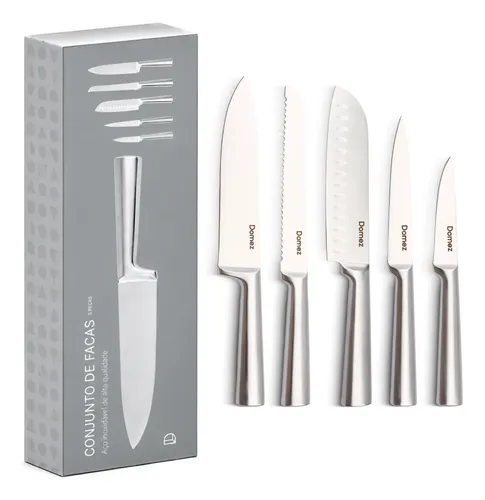 Jogo De Facas Cozinha Domez Inox 5 Peças Afiadas Premium Prateado
