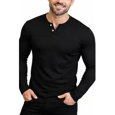 Camiseta Henley Masculina Manga Longa Slim 2 Botões Casual