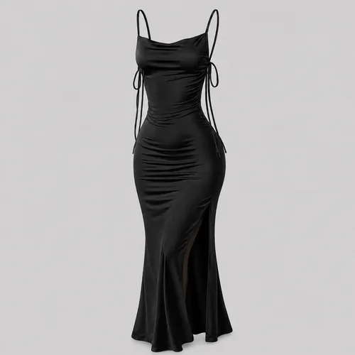 Vestido Justo Longo Costas Nuas Fenda Lateral Colado Preto Preto Único 36-42