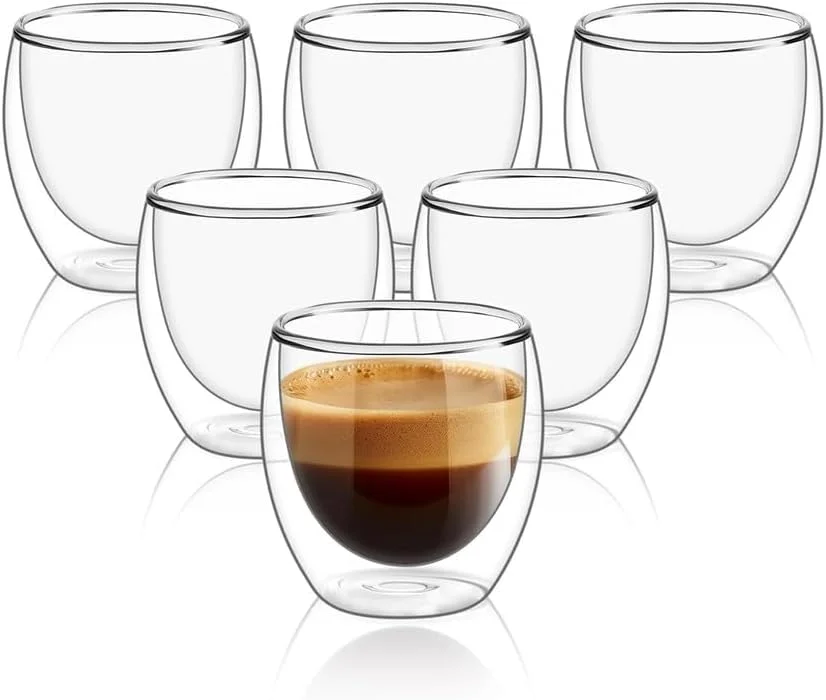 Conjunto com 6 Xícaras de 80ml Vidropara Café de Parede Dupla, Feito de Vidro Borossilicato - Kit de Xícaras para Chá, Café e Bebidas Quentes- Presente Elegante