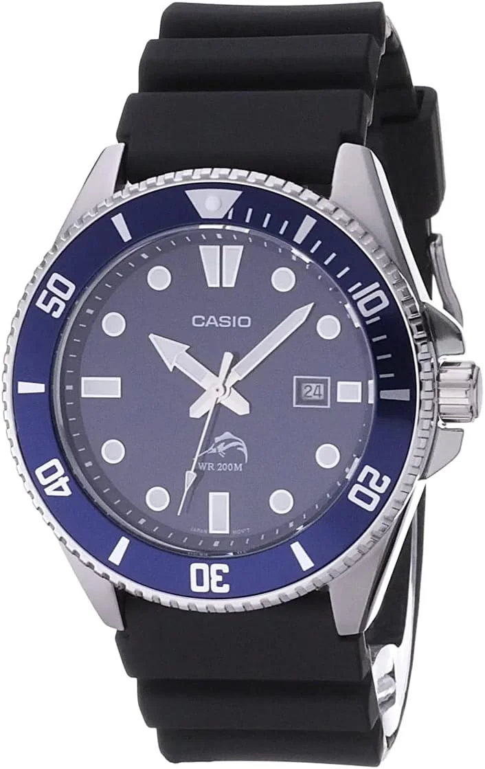 Casio Série MDV106 | Relógio analógico unissex | 200 m WR | Caixa de aço inoxidável | Pulseira de resina | 2 ponteiros analógicos (HR, min, SEC) | Exibição da data | Coroa rosqueada/parte traseira da