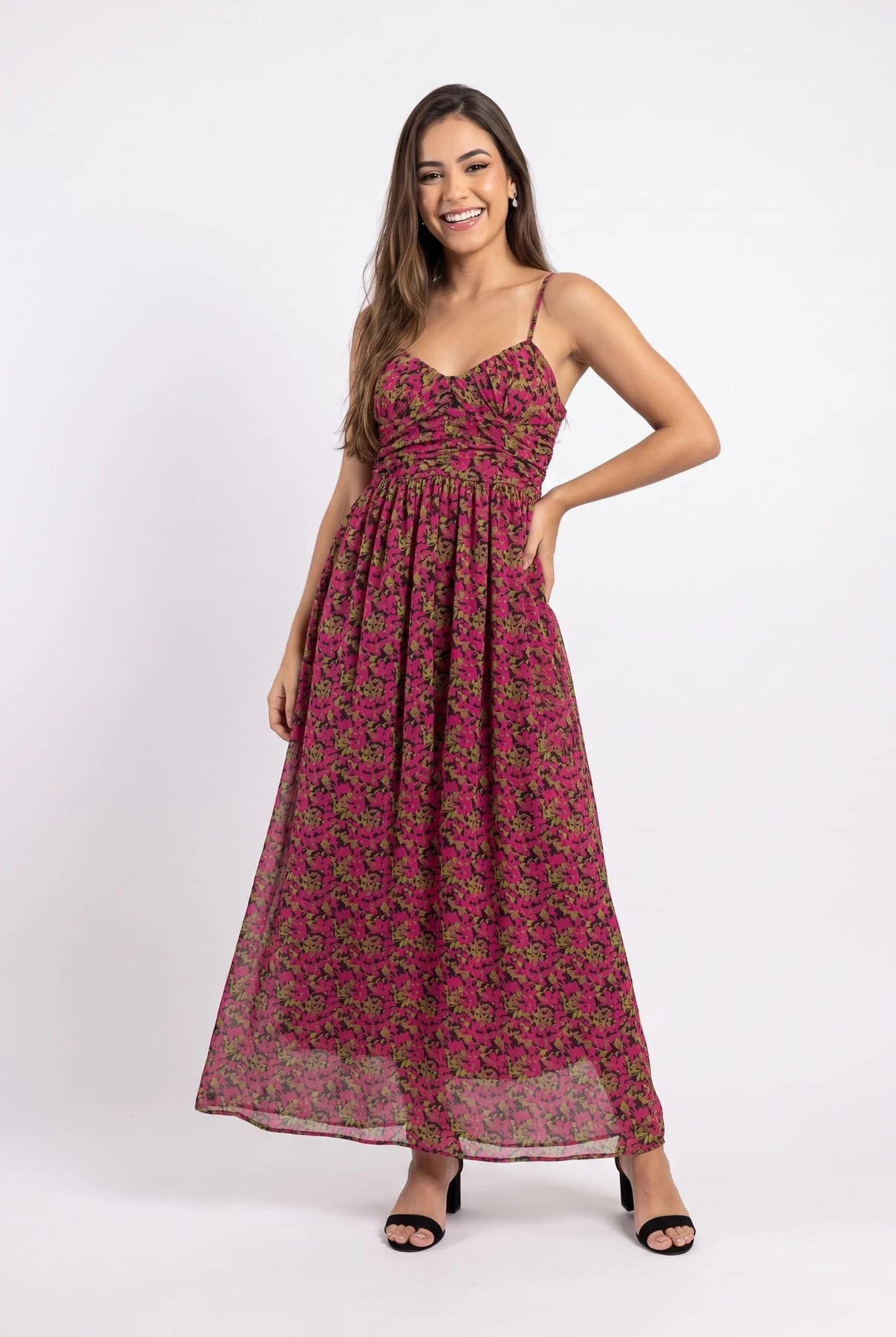 Vestido Feminino Longo Floral com Drapeado - imagem 1