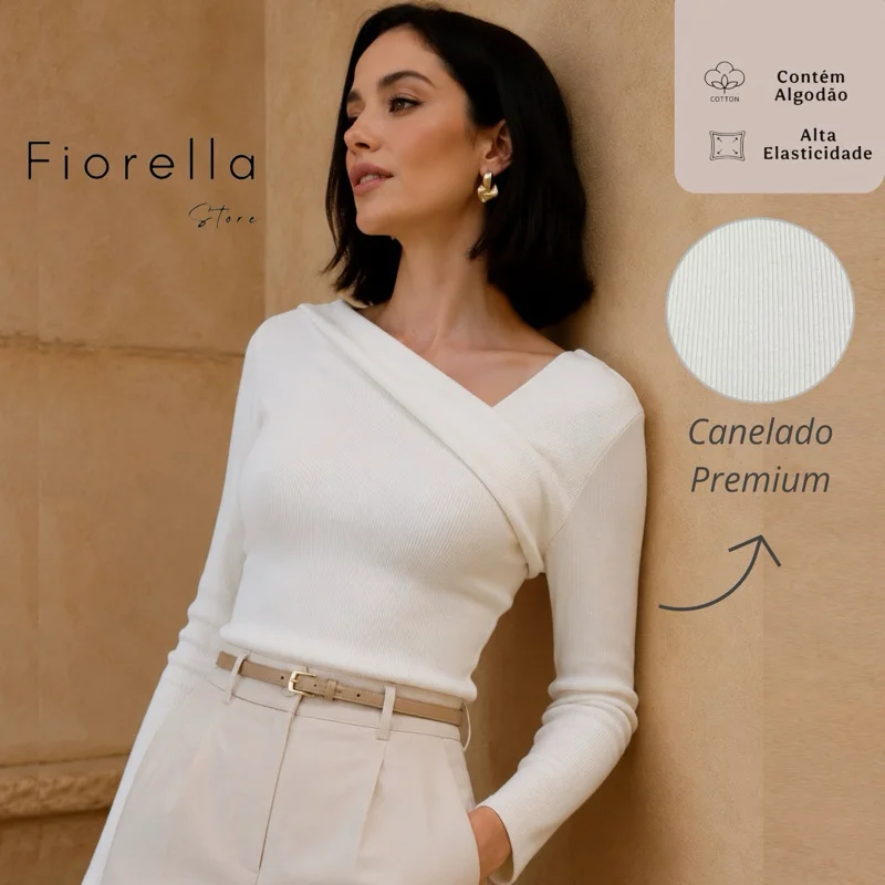 Blusa Manga Longa Canelada Assimétrica Blusinha Feminina