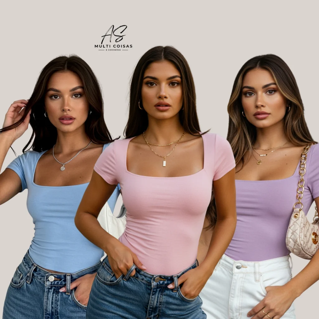 Kit 3 Blusinha Baby Look - Tecido Suplex Elastano Confortável Básica Faculdade Trabalho Moda Feminina