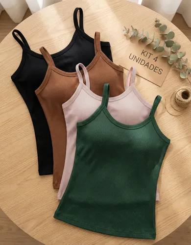 Kit 4 Blusa Regata Feminina Canelada Alcinha Blusinha Básica Preto/marrom/nude/verde Lisa M