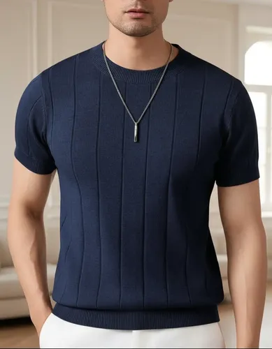 Blusa Masculina Básica Manga Curta Canelada Tricot Modal