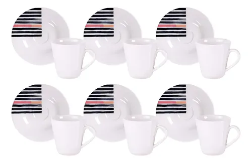Kit Xícara e Pires de Café Street em Porcelana Decorada 70 ml 12 Peças Branco Tramontina