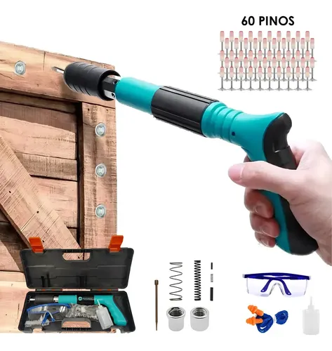 Pistola Fixação Finca Pino Ação Direta 60 Pregos Epis Maleta Pinador Pregador Grampeador Rebitador De Prego Pressão Manual Ferramenta Para Drywal Gesso Concreto Aço Parede + 60 Pinos Acessórios