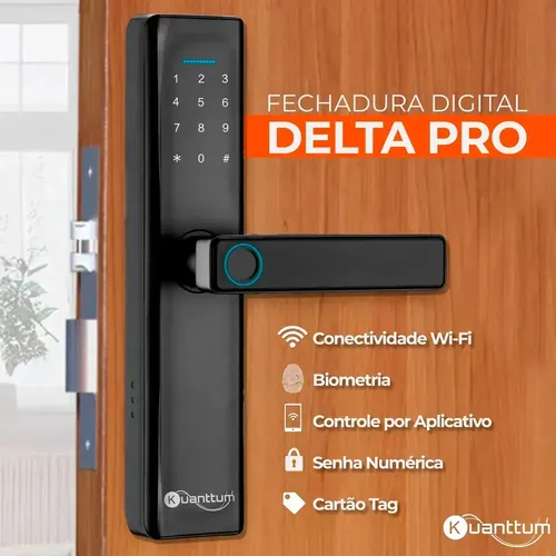 Fechadura Digital Kuanttum Delta Pro Wi-fi Para Porta De Madeira Com Biometria E Senha Preto