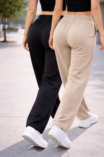 Calça Moletom Cintura Elástica Estilosa Wide Leg Pantalona Bege Lisa G 44