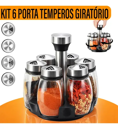 Yab - Porta Tempero De Mesa Saleiro Giratório 6 Potes P/ Condimentos Em Vidro E Aço Inox Cozinha Premium