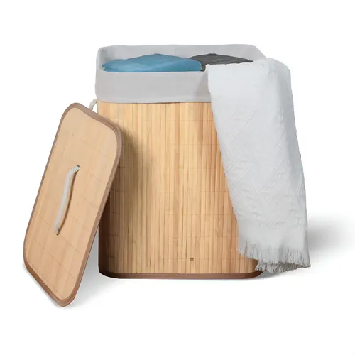 Cesto De Roupa Suja De Bambu Com Tampa E Alças 50 Litros Kontuz Natural