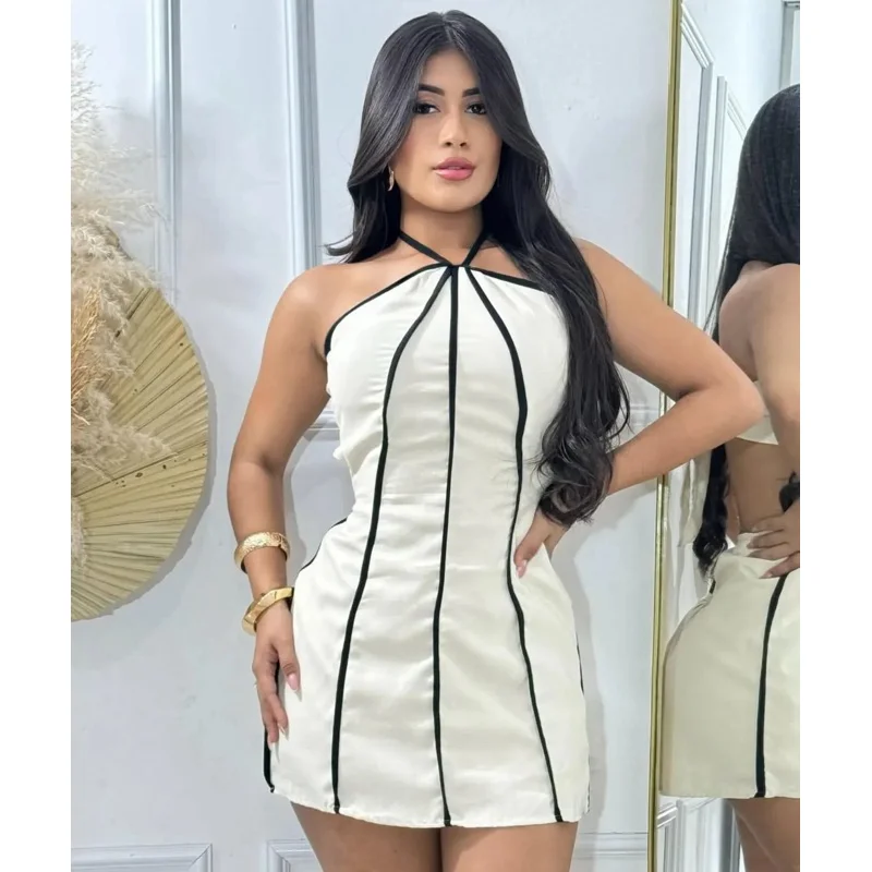 Vestido Macaquinho Feminino Curto Frente Única Listrado Alfaiataria Sensorial Costa Nua Tendência Verão