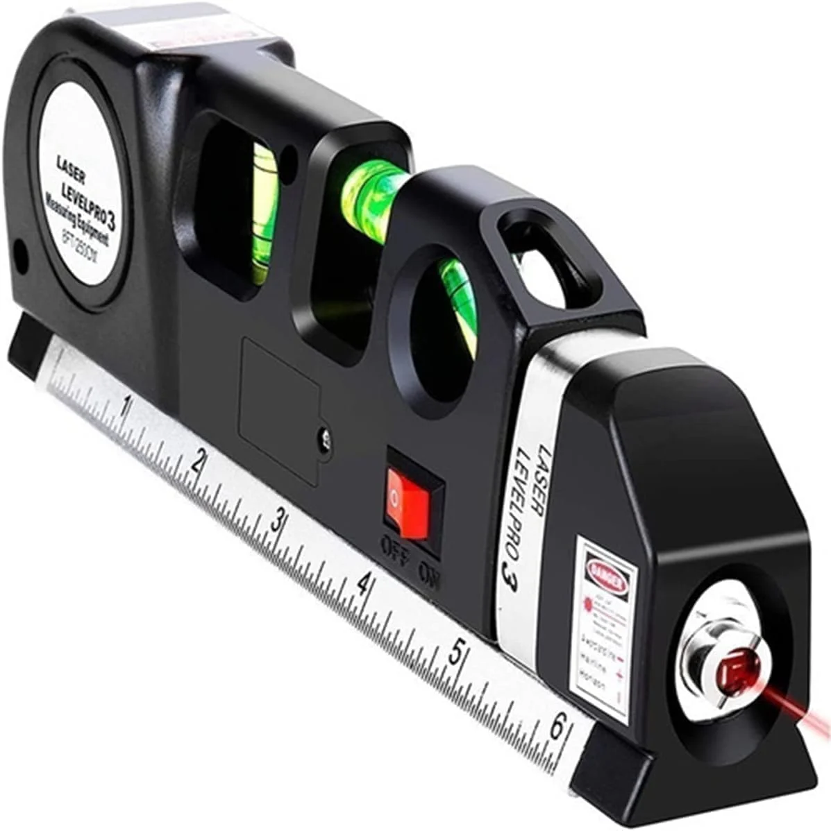 Nível a Laser Multiuso Profissional 4 em 1 com Trena Fita Métrica de 2.5m, Régua Base e 3 Bolhas de Nivelamento, Alinhador a Laser Horizontal e Vertical para Quadros, Prateleiras e Obras (1 Kit)